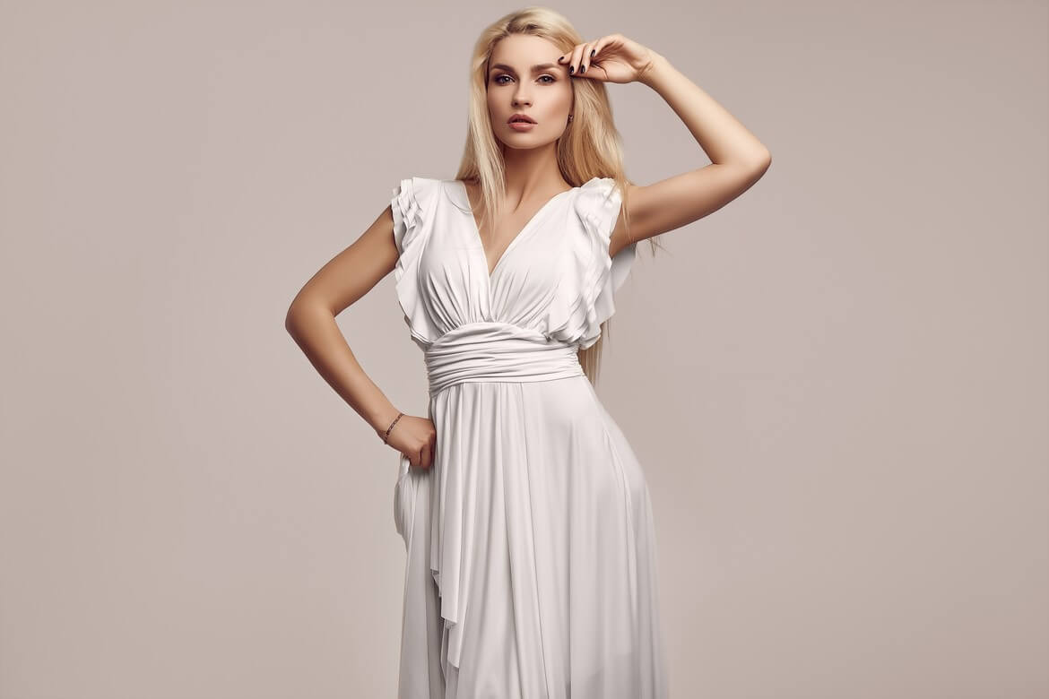 Великолепная чувственная блондинка в модном старинном белом платье